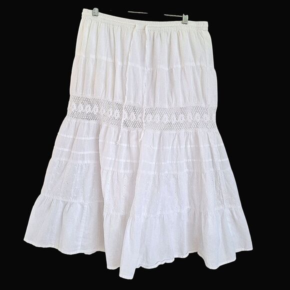Kim Rogers Boho Skirt Prairie White Tier Skirt Crochet Eyelets Lined Pull On PL - Picture 1 of 14